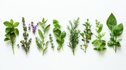 Obraz premium Fresh Herbs Arranged in a Row on a White Background