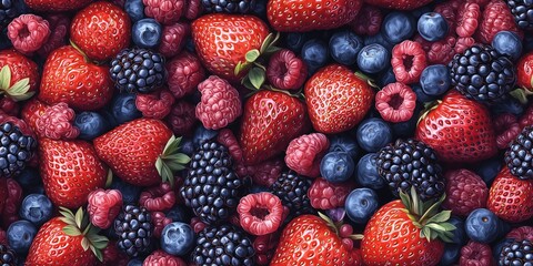 Fototapeta premium pattern of mixed berries including strawberries, blueberries, raspberries, and blackberries, densely scattered across the frame.