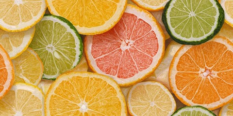 Fototapeta premium pattern of sliced citrus fruits, including lemons, limes, oranges, and grapefruits.