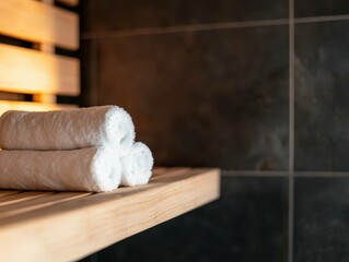 A cozy sauna scene featuring neatly rolled towels on a wooden shelf, complemented by a warm, inviting ambiance.