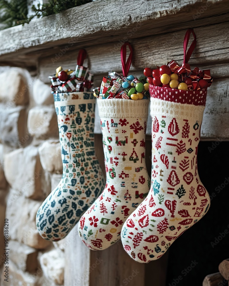 Sticker Three Christmas stockings with festive patterns, hanging on a mantel filled with candy.