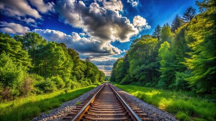 Scenic railway tracks winding through lush green forest under a bright blue sky and fluffy clouds