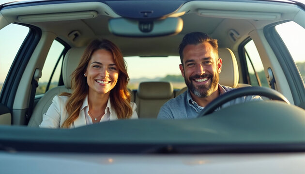 Front portrait of happy couple sitting in luxury car, man and woman enjoying road trip or buying new car, smiling at camera, windshield view
