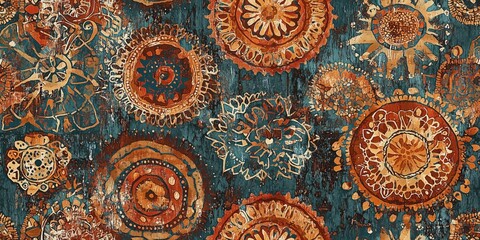 bohemian-inspired pattern featuring a mix of abstract shapes, mandalas, and tribal symbols in earthy tones of terracotta, ochre, and deep turquoise