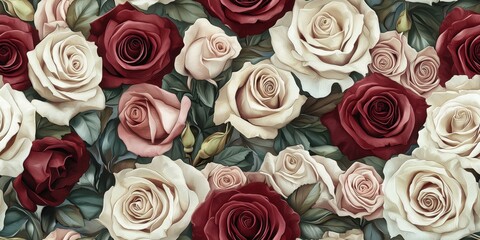floral pattern featuring large, blooming roses in shades of deep red, soft pink, and ivory