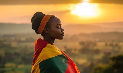 A young, beautiful black woman stands on a high point overlooking the ground and prays deeply towards the sky, Generative AI