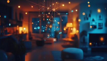 Fototapeta premium Smart home automation setup with connected devices like lights and thermostats, tech-savvy style, sharp focus, bright lighting