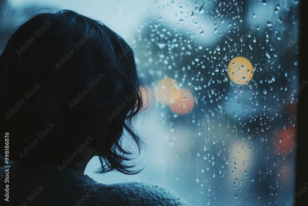 Poster A lone person stands by a window, observing the gentle rain as drops trickle down the glass, creating a mood of introspection and solitude. Generative AI