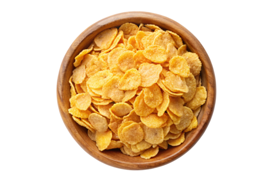 A close-up of golden cornflakes in a wooden bowl, emphasizing their crunchy texture and inviting color, ideal for a classic morning meal, on a transparent background