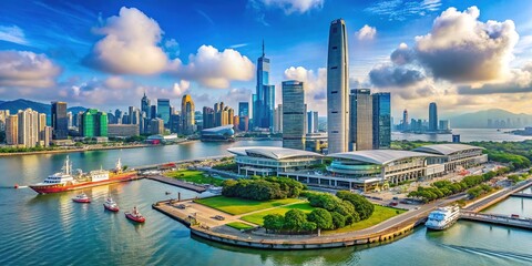 Naklejka premium Scenic view of Shenzhen Shekou Terminal showcasing modern architecture and bustling maritime activity