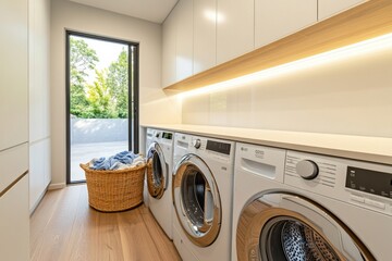 This stylish laundry room features built-in washing and drying machines, sleek white cabinets, and a laundry basket nearby in natural light. Generative AI