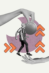 Vertical photo collage of old man pensioner run human hands coin dollar income earnings development career isolated on painted background