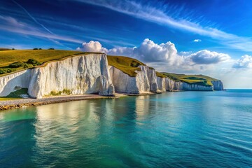 Scenic View of the White Cliffs of Dover Against a Bright Blue Sky and Calm Waters of the Channel