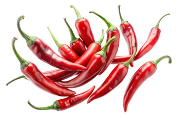 A vivid collection of red chili peppers, their bright, fiery color and smooth, glossy surfaces arranged dynamically, evoking a sense of heat and flavor, on a transparent background