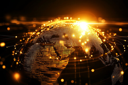 Glowing light grid surrounding a globe, concept of globalization and international markets