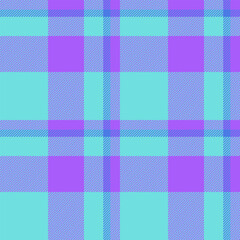 Mockup textile tartan fabric, 50s plaid pattern background. Plank vector seamless check texture in teal and violet colors.