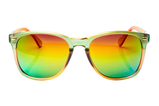 Vibrant sunglasses with a green and orange gradient lens, reflecting a tropical vibe. The frame is a smooth, translucent green, on a transparent background