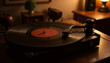 Vintage vinyl record player playing a Christmas song in a cozy dimly lit room
