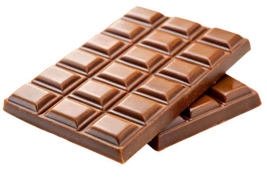 Two milk chocolate bars stacked slightly askew, emphasizing their thickness and smooth surface, with a soft, inviting sheen that hints at the deliciousness within, on a transparent background