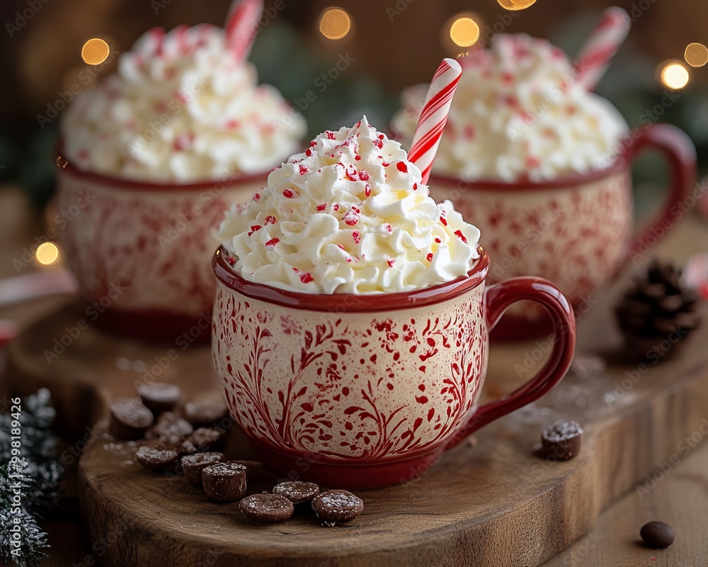 Poster Three mugs of hot chocolate with whipped cream, candy canes, and chocolate chips on a wooden board.