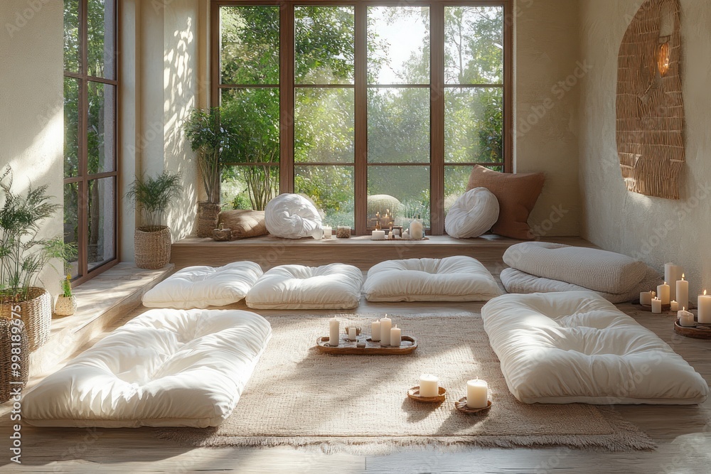 Poster A cozy and serene meditation room with large windows, white cushions, and lit candles on wooden floor.