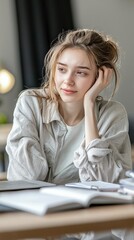 Woman with a vacant expression head nodding as she fights off sleep surrounded by textbooks and notes scattered across her study table
