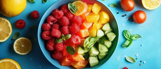Fresh Fruits and Vegetables Arrangement on Blue Surface