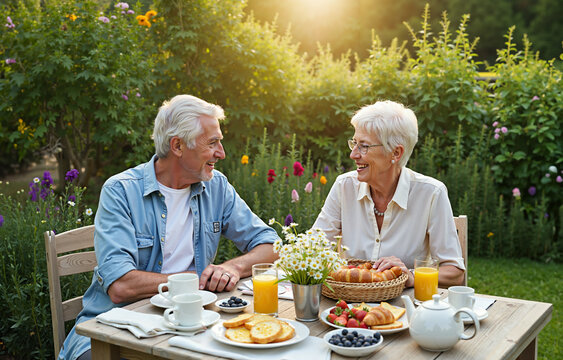 Elderly couple still in love having breakfast in a romantic summer garden with low standing sun.