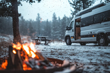 Van parked in a snowy landscape with a warm firepit nearby
