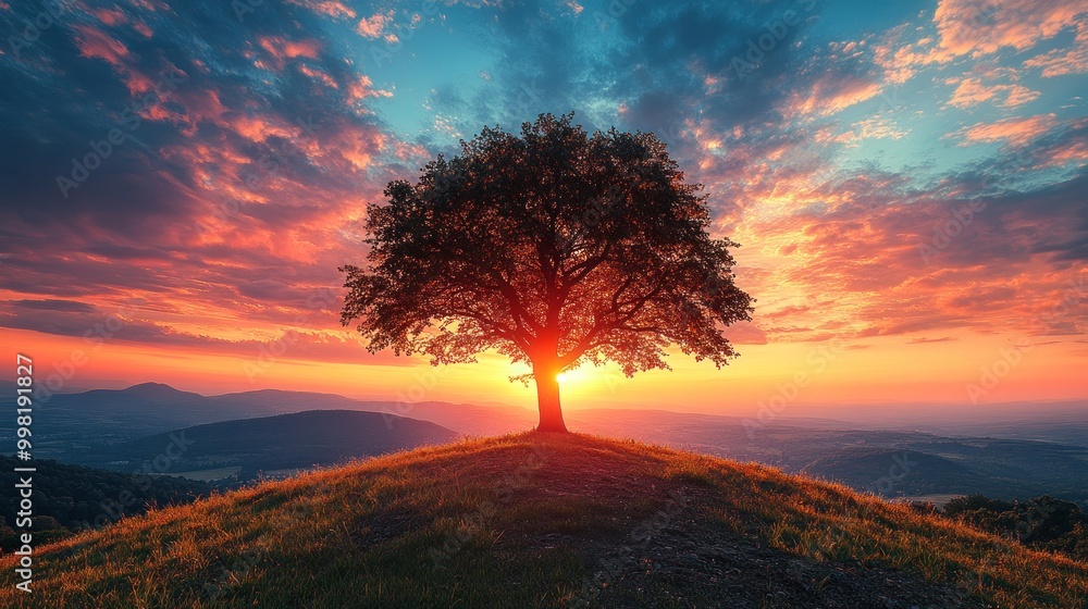 Sticker A lone tree stands silhouetted against a fiery sunset over rolling hills.