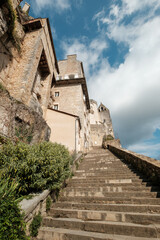 View up the Grand Escalier leading to the Sanctuaire and chateau on the cliffs above the sacred village of Rocamadour in the Lot region of France