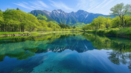 Crystal-clear waters of the Azusa River reflecting the vibrant greenery and majestic Hotaka Mountains, showcasing the natural beauty of Kamikachi in spring.