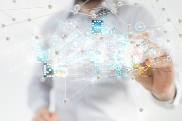 Neural network 3D illustration. Big data and cybersecurity