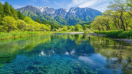 Crystal-clear waters of the Azusa River reflecting the vibrant greenery and majestic Hotaka Mountains, showcasing the natural beauty of Kamikachi in spring.