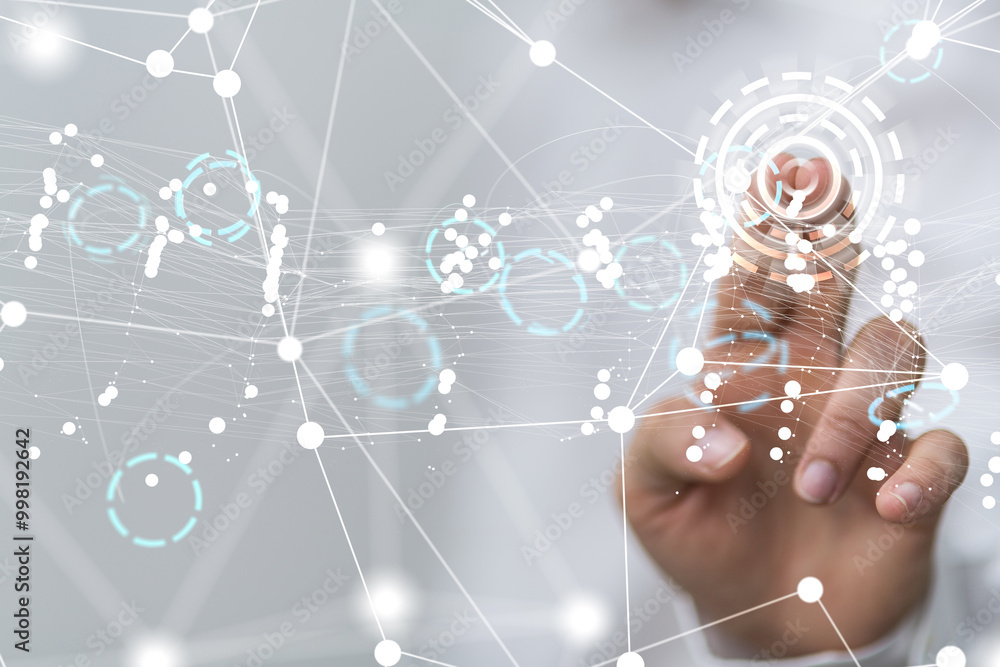 Poster Global network. Blockchain. 3D illustration. Neural networks and artificial intelligence. Abstract