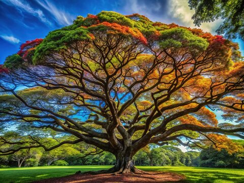 Stunning monkey pod tree with expansive canopy and vibrant foliage in a tropical setting