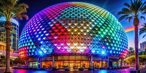 Stunning Nighttime View of MSG Sphere in Las Vegas Illuminated with Colorful Lights and Patterns