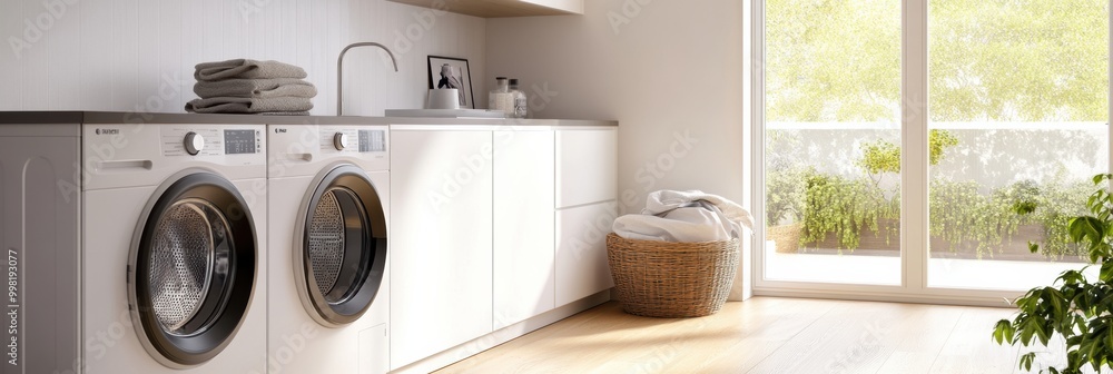 Poster this laundry room features built-in machines, elegant cabinets, and a basket, offering a functional 