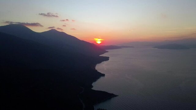 Incredible drone view of the sunset in Dilek Peninsula B&uuml;y&uuml;k Menderes Delta National Park Kusadasi Turkey