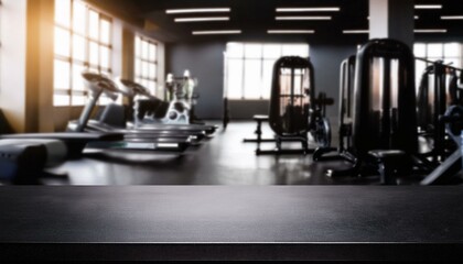 Black table top with gym background for product. Empty countertop mockup for sports nutrition or equipment. the gym