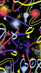 Obraz premium Black background, colorful lines, paint splatters, chains, polka dots. Graffiti background illustration
