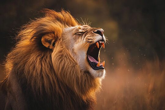Lion roaring with its mane blowing in the wind - Powered by Adobe