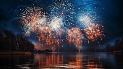 Obraz premium Celebratory fireworks lighting up the night sky over a calm lake during a summer festival