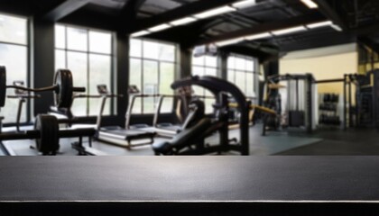 Black table top with gym background for product. Empty countertop mockup for sports nutrition or equipment. the gym