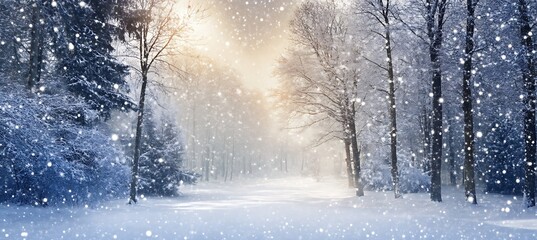 A serene, winter forest with snow-covered trees and a clear area for text 