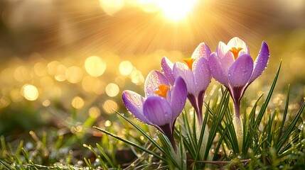 Dew-kissed crocuses growing in a sunlit meadow, with rays of light shining down and enhancing the purple petals. The grass surrounding the flowers appears fresh and vibrant.