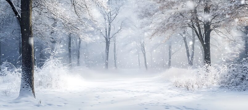 A serene, winter forest with snow-covered trees and a clear area for text 