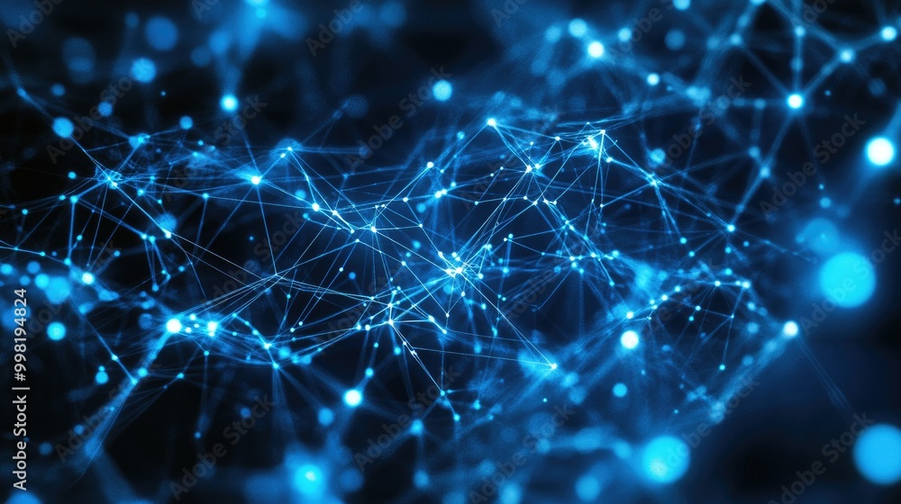 Poster dynamic technology network of glowing blue nodes and connecting lines, forming a sophisticated web o