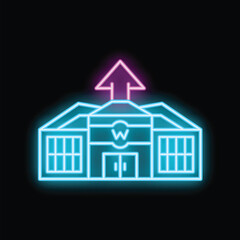 Neon glowing icon of warehouse with up arrow on black background, suitable for web, print, stickers, apps and posters