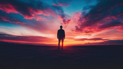 Fototapeta premium Silhouette of a Man Standing Against a Dramatic Sunset Sky